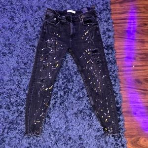 These are zara paint splatter jeans with un-hemmed bottom.